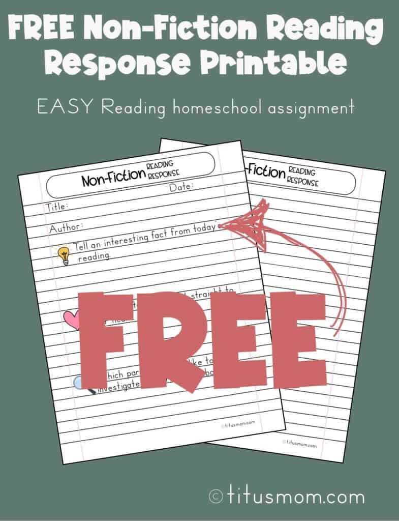 Free Non-Fiction Reading Reponse Printable shown in a display for a Pinterest pin